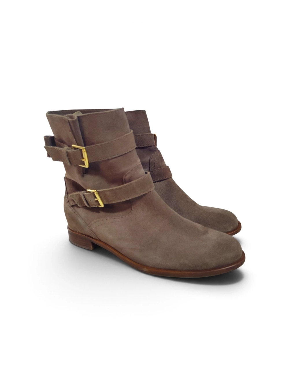 Kate Spade New York "Sabina" Moto Boots Taupe Brown Buckle Straps Bow Size 10 - Picture 2 of 11